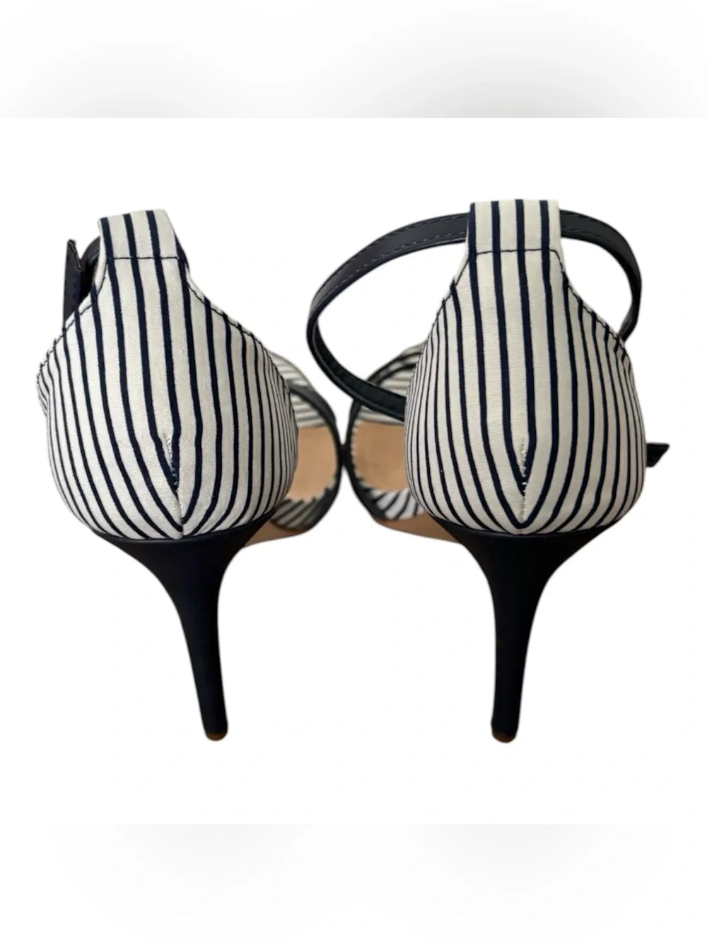 New VENUS Striped Navy and White Striped Ankle-Strap Heels
